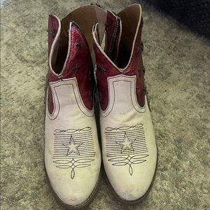 Red and White Ankle Booties with Decorative Stitching